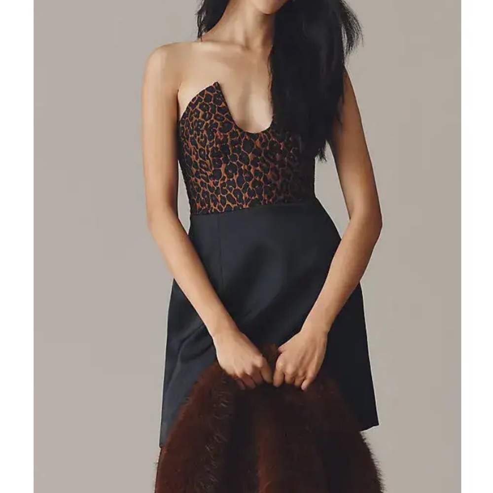 NWT Strapless Black & Leopard Cocktail Dress by  Anthropologie - Small 🐆🥂
